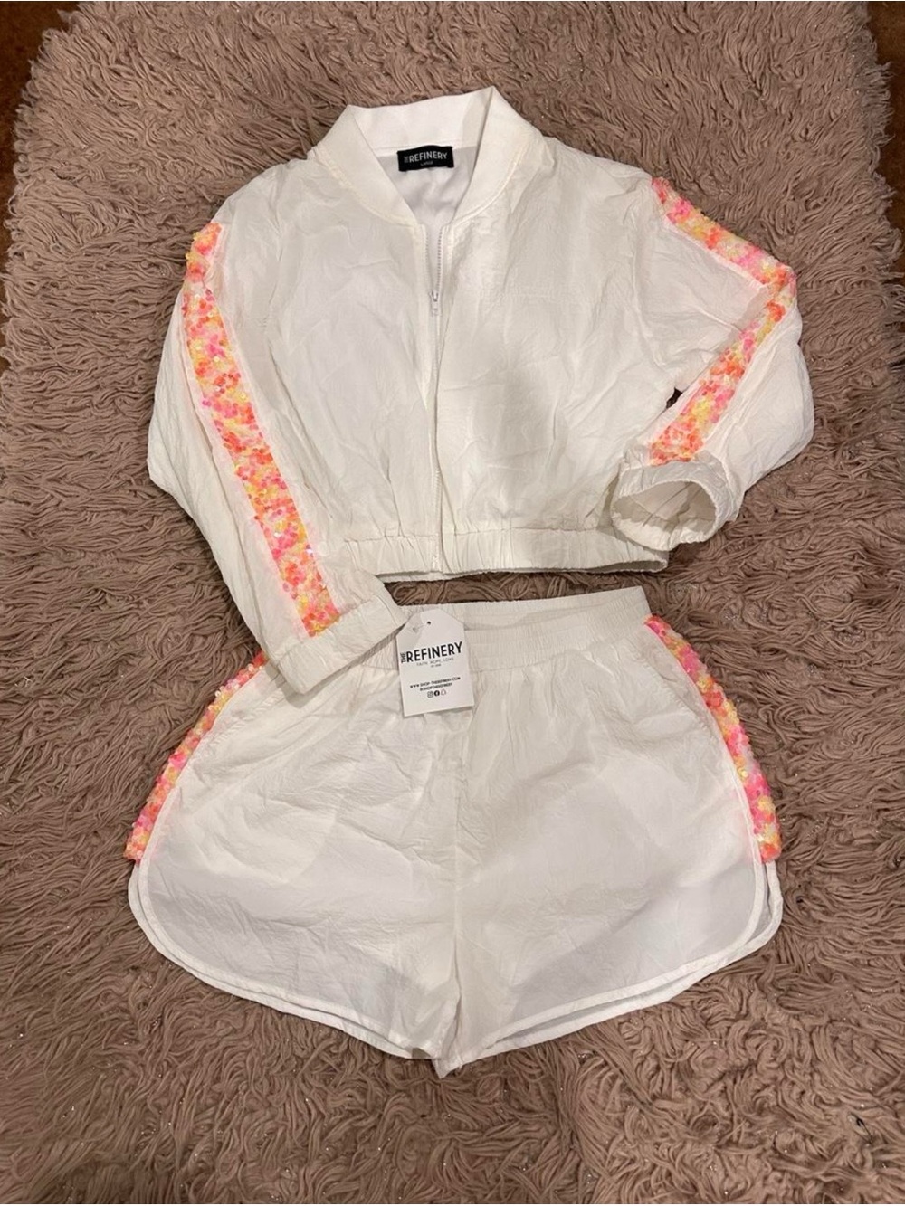 White Cropped Bomber Jacket in White with Pink-Orange Trim